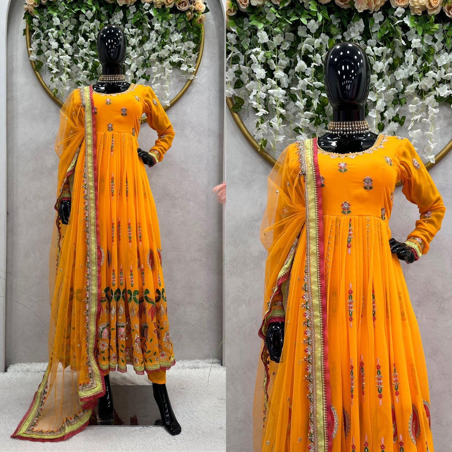 Women's Faux Georgette Embroidered Yellow Anarkali Gown with Dupatta - TheGooBuy