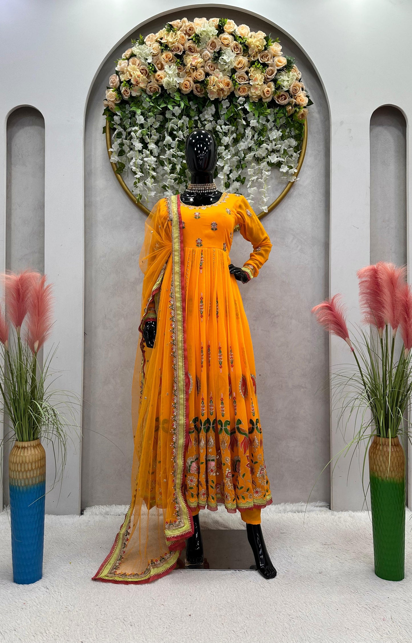 Women's Faux Georgette Embroidered Yellow Anarkali Gown with Dupatta - TheGooBuy