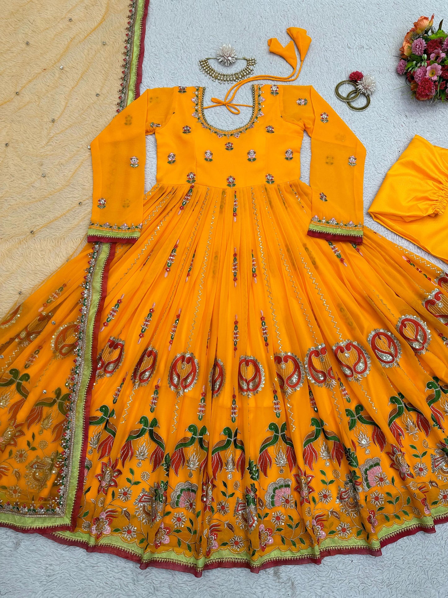 Women's Faux Georgette Embroidered Yellow Anarkali Gown with Dupatta - TheGooBuy