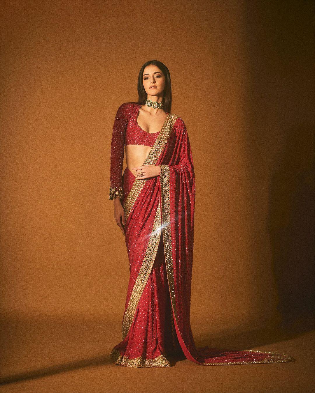 Resplendent Red Color Faux Georgette Sequence Work Saree - TheGooBuy