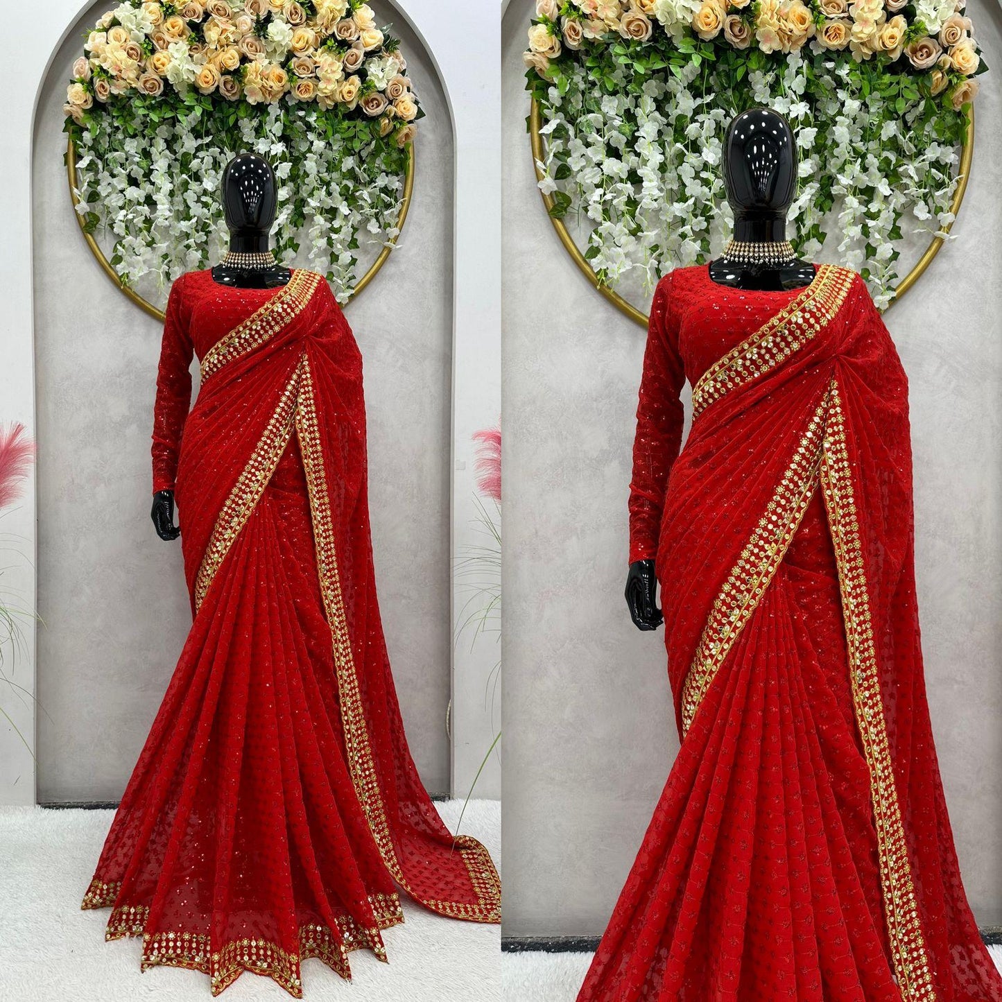 Resplendent Red Color Faux Georgette Sequence Work Saree - TheGooBuy