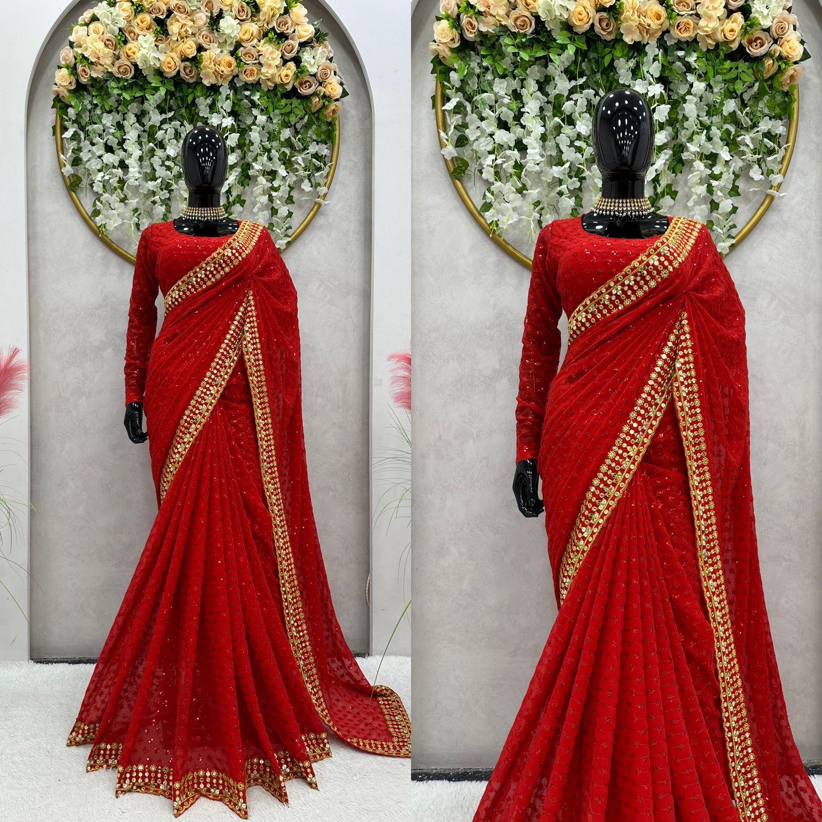 Resplendent Red Color Faux Georgette Sequence Work Saree - TheGooBuy