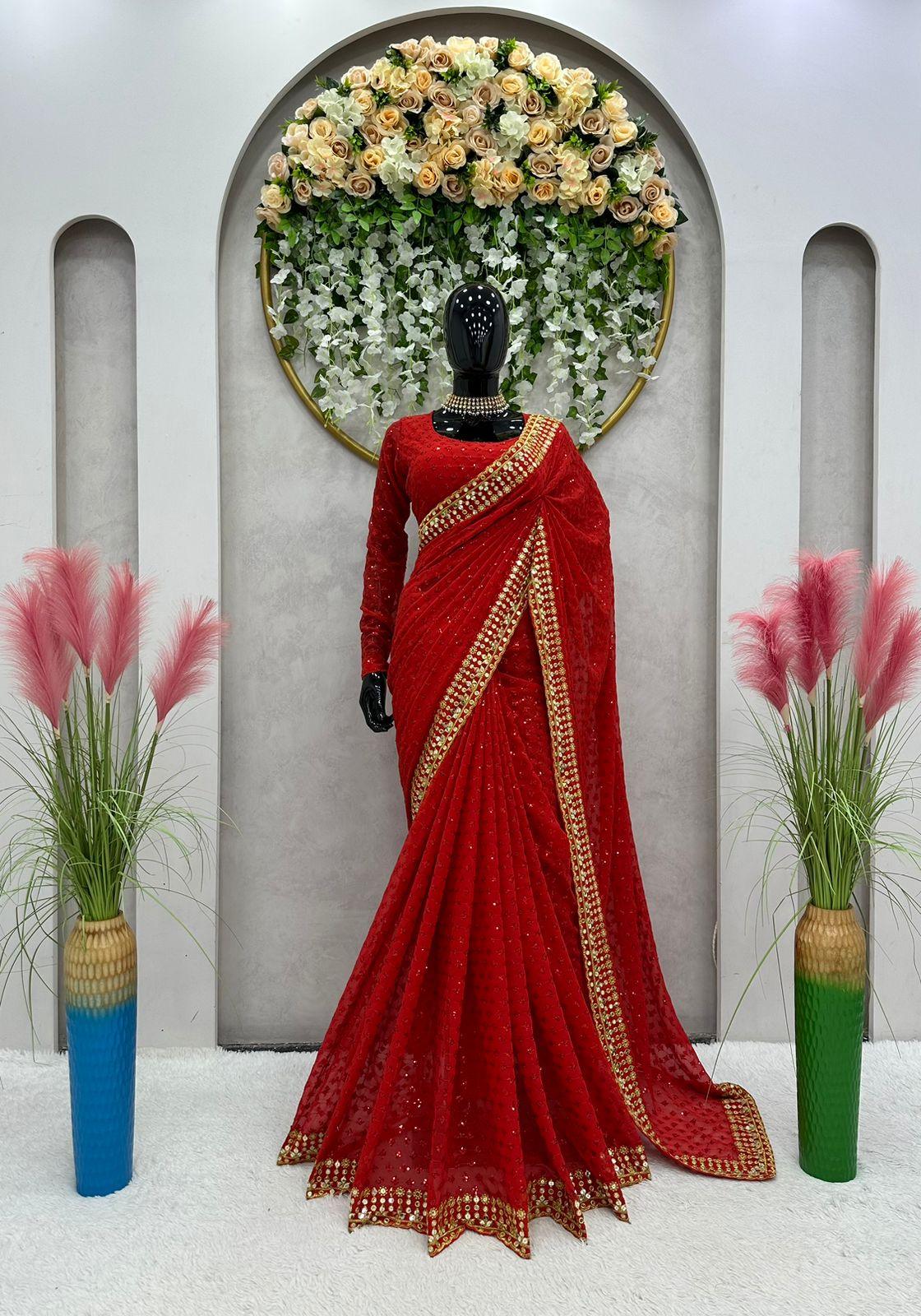 Resplendent Red Color Faux Georgette Sequence Work Saree - TheGooBuy