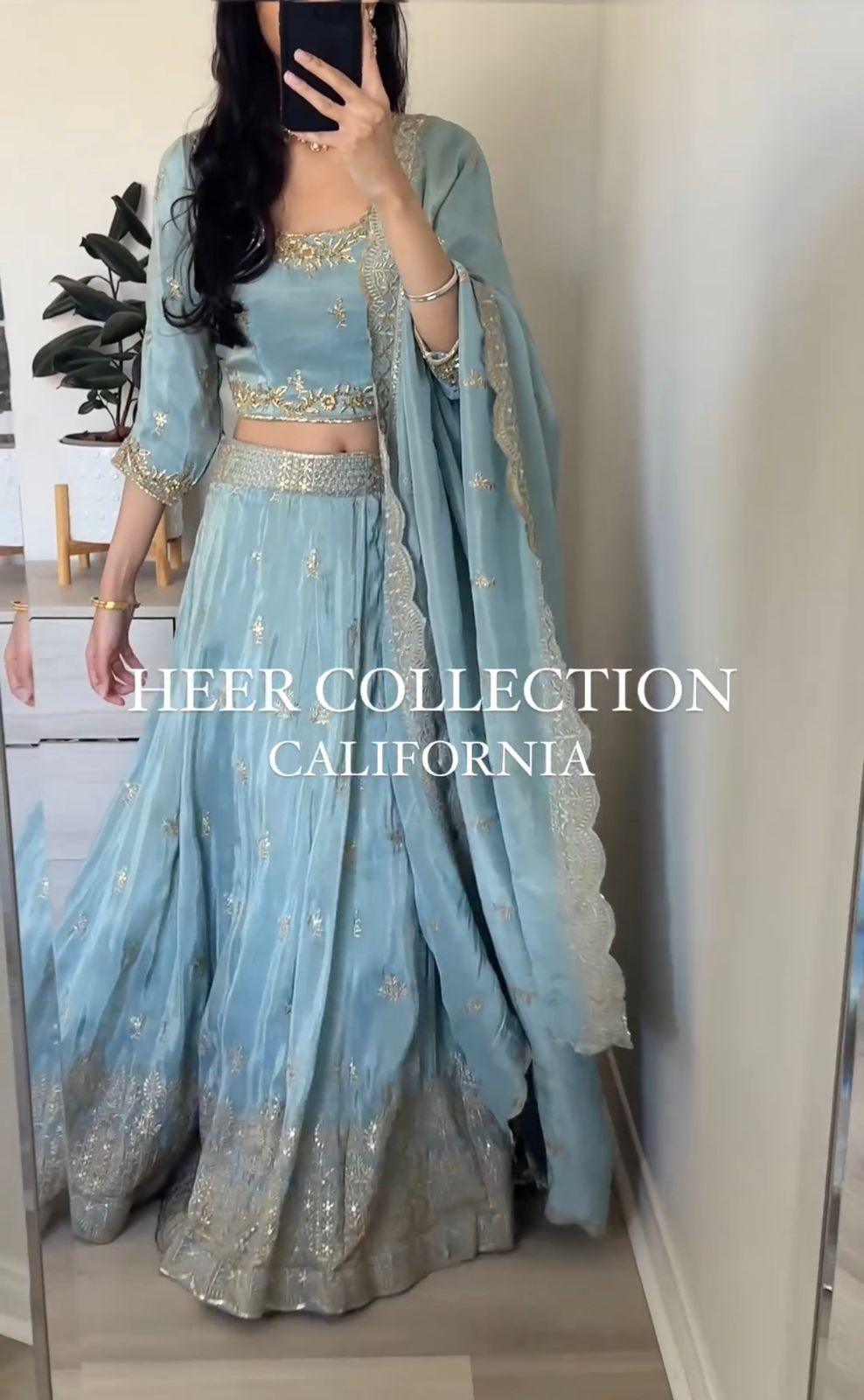 Dusty Blue Organza Zari Embroidered Lehenga Set - TheGooBuy