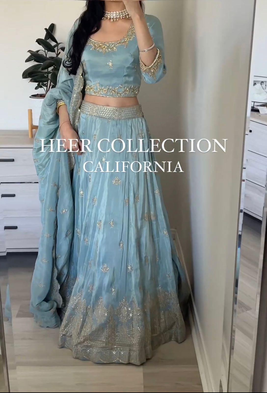 Dusty Blue Organza Zari Embroidered Lehenga Set - TheGooBuy