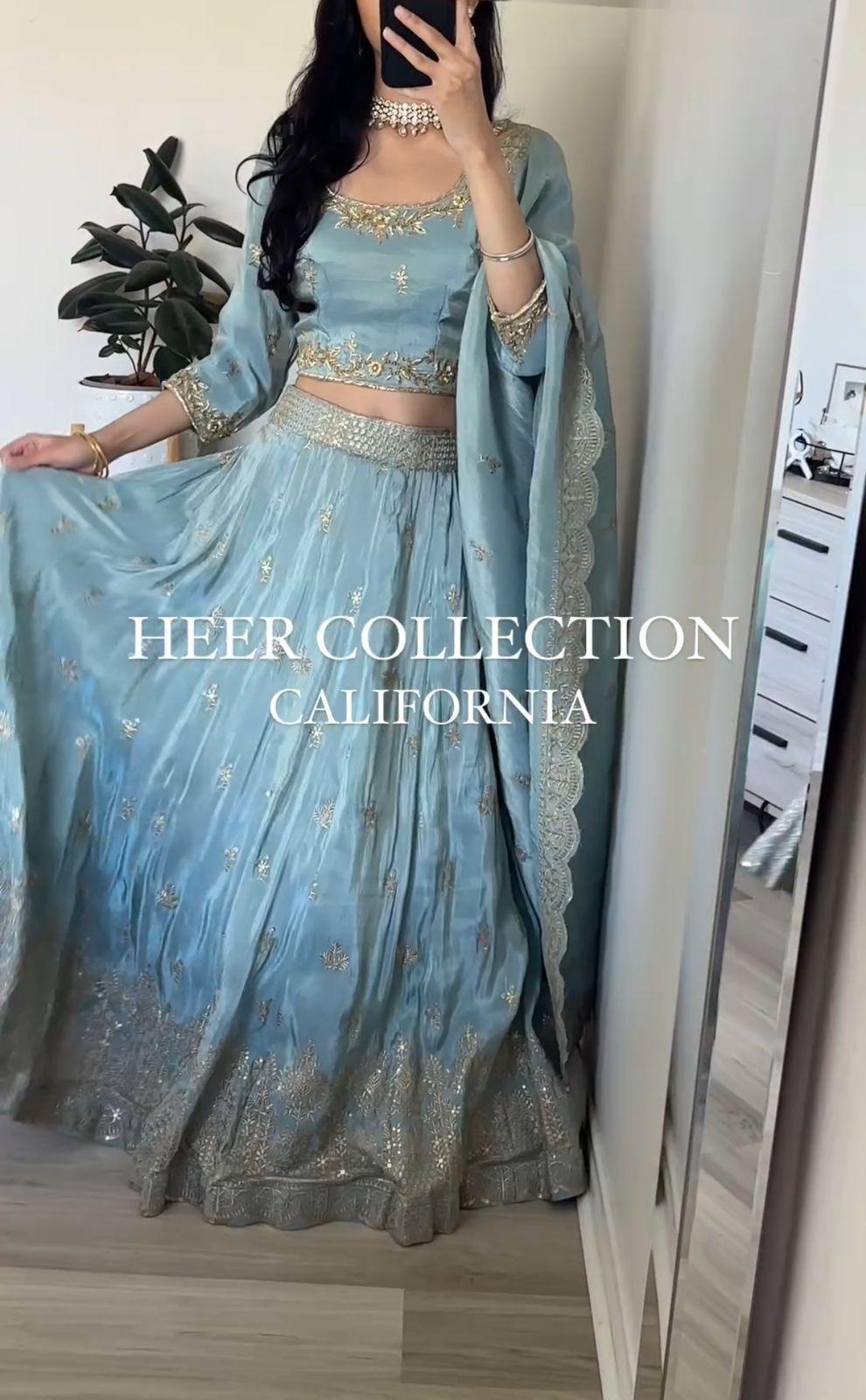 Dusty Blue Organza Zari Embroidered Lehenga Set - TheGooBuy