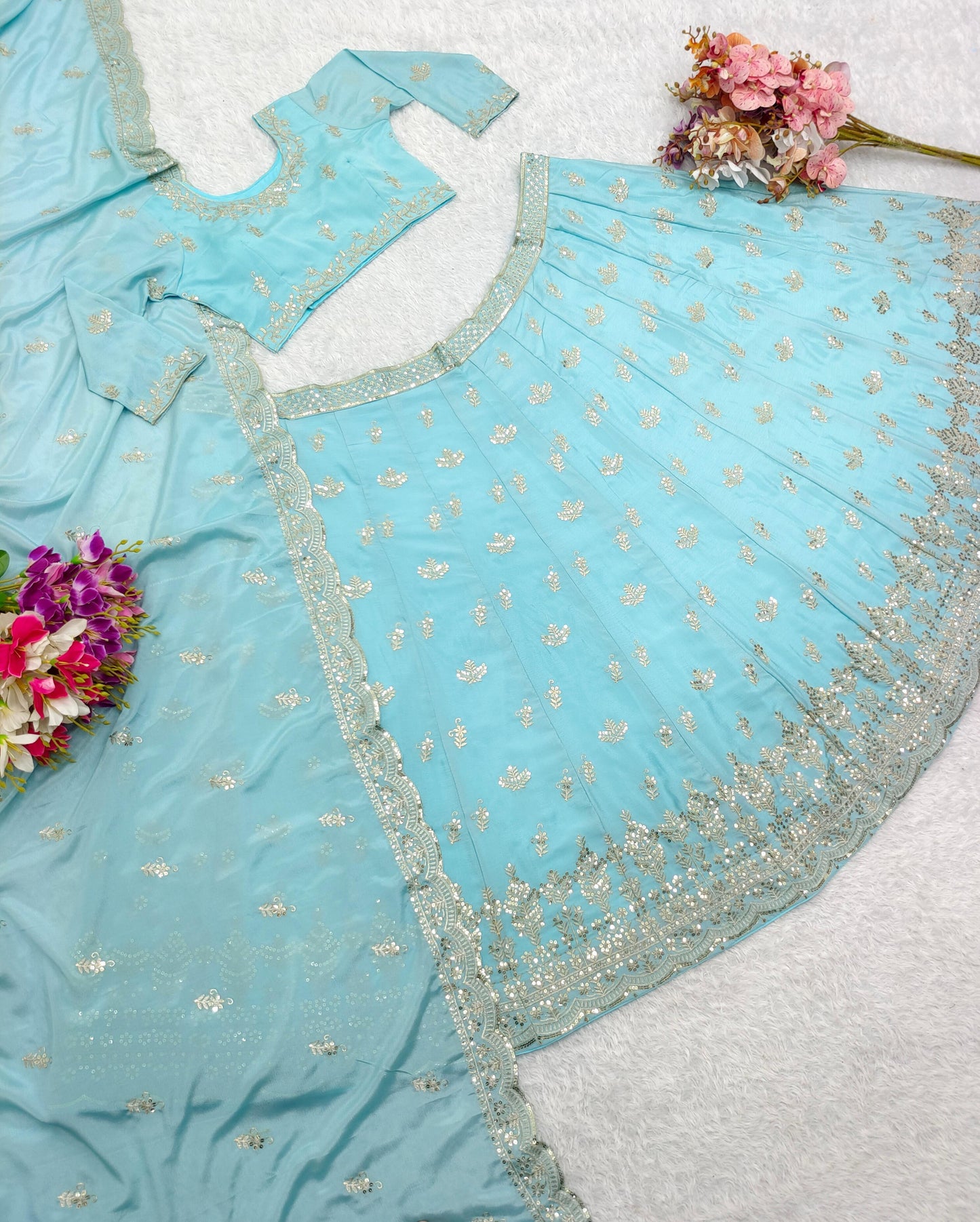 Dusty Blue Organza Zari Embroidered Lehenga Set - TheGooBuy