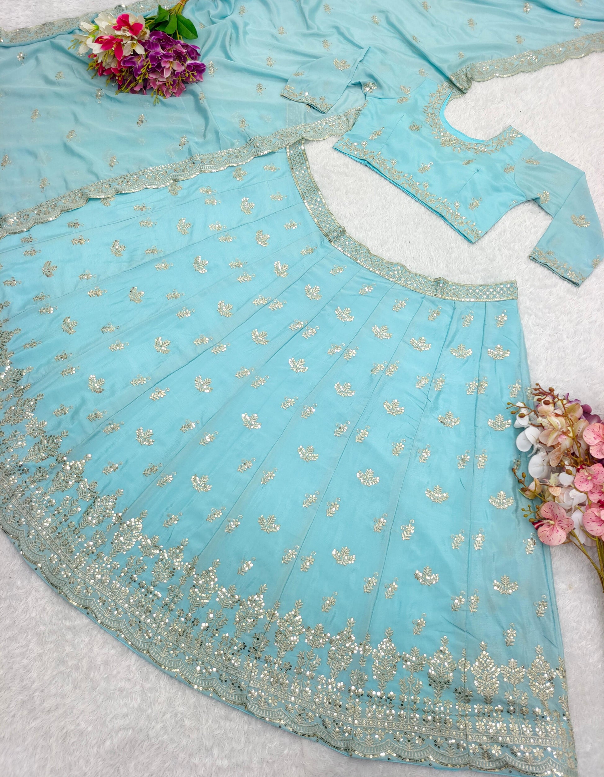 Dusty Blue Organza Zari Embroidered Lehenga Set - TheGooBuy