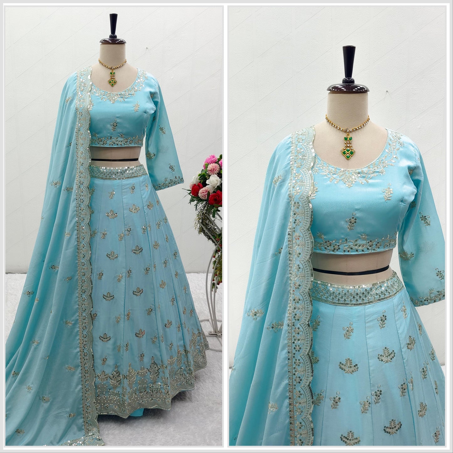 Dusty Blue Organza Zari Embroidered Lehenga Set - TheGooBuy