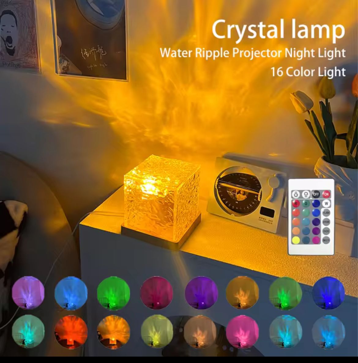 Dynamic Rotating Water Ripple Night Light, Colour Changing Crystal Lamp with Remote