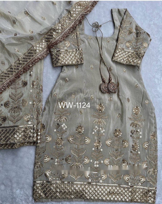 Heavy Chinon Silk Top-Palazzo and Dupatta Set Fully Stitched Ready To Wear