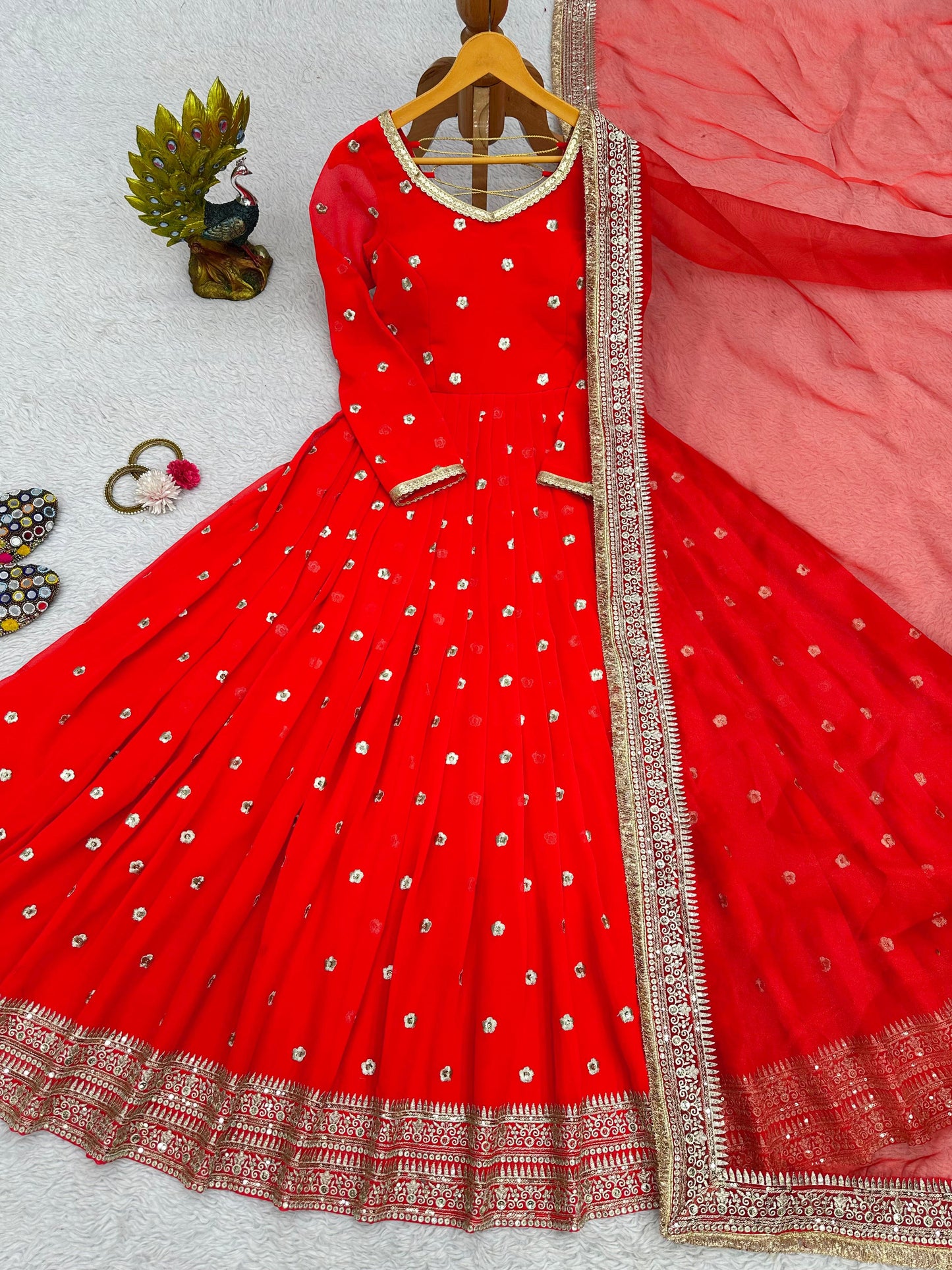 Red Anarkali Salwar Kameez Punjabi Suit salwar Lace Work simple Indian outfit .