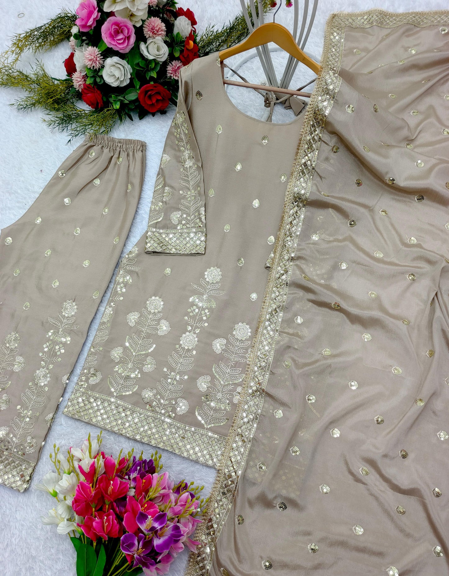 Heavy Chinon Silk Top-Palazzo and Dupatta Set Fully Stitched Ready To Wear