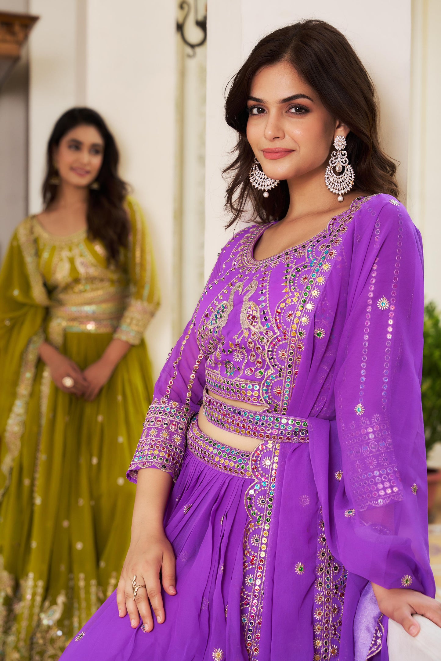 Purple and Green Embroidered Brocade Anarkali