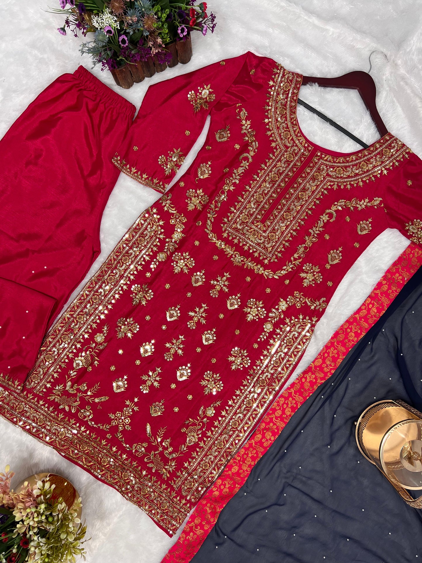 Ethnic Motifs Embroidered Thread Work Kurta With Trousers & Dupatt