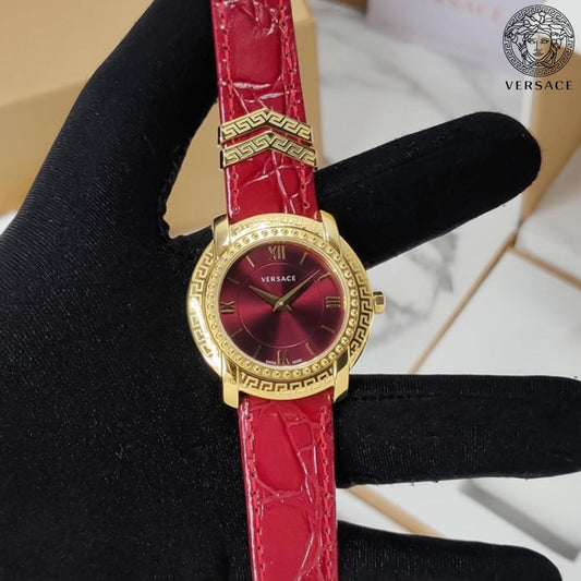 Versace DV25 Round Gold Women's Watch with Red Dial