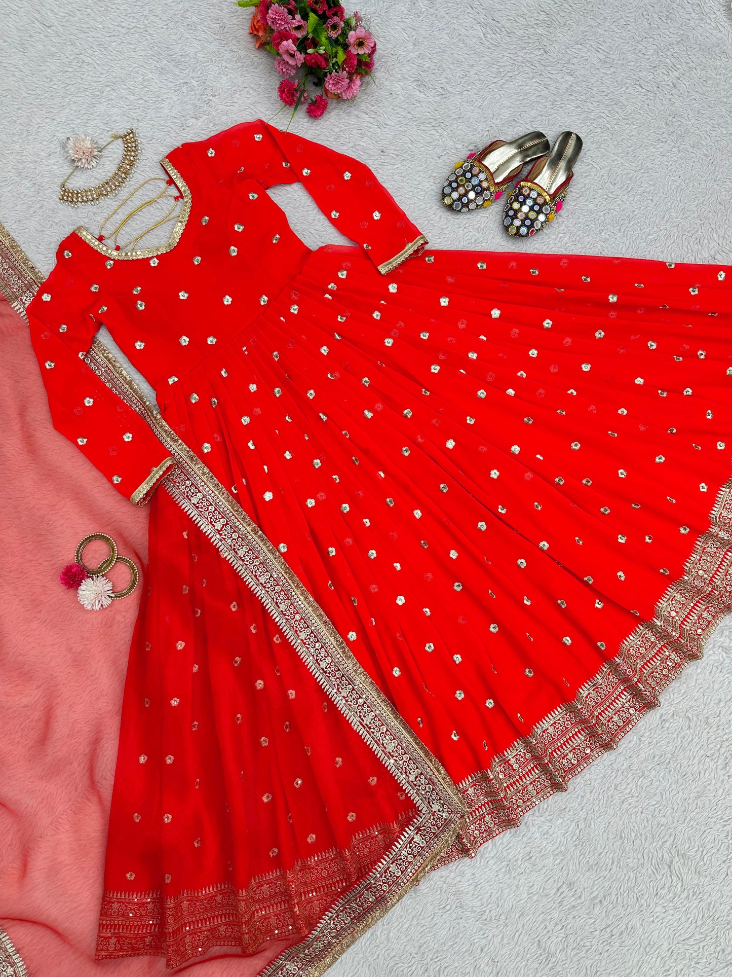 Red Anarkali Salwar Kameez Punjabi Suit salwar Lace Work simple Indian outfit .