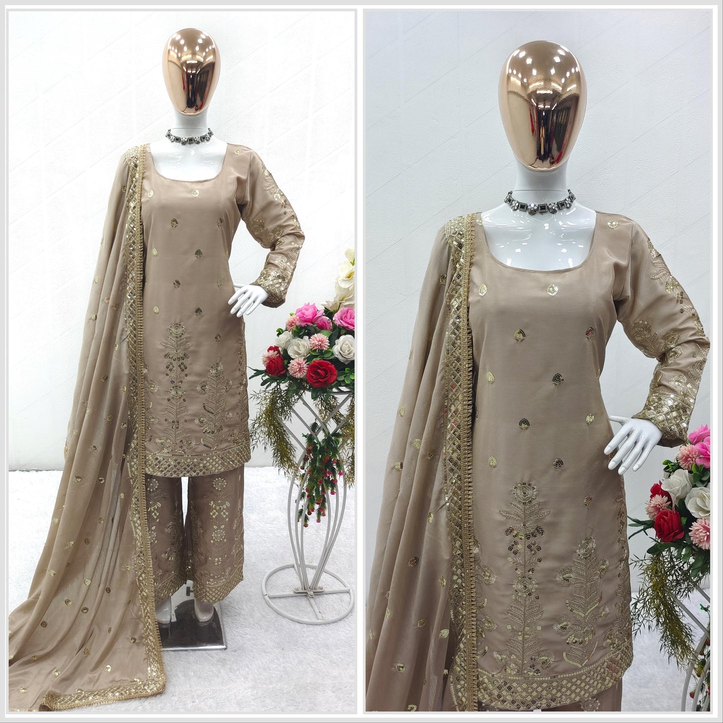 Heavy Chinon Silk Top-Palazzo and Dupatta Set Fully Stitched Ready To Wear