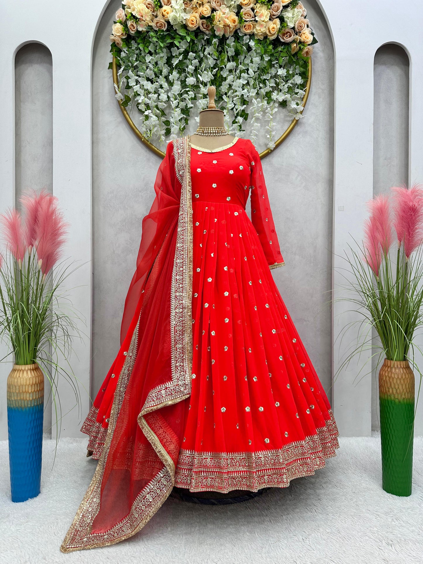 Red Anarkali Salwar Kameez Punjabi Suit salwar Lace Work simple Indian outfit .