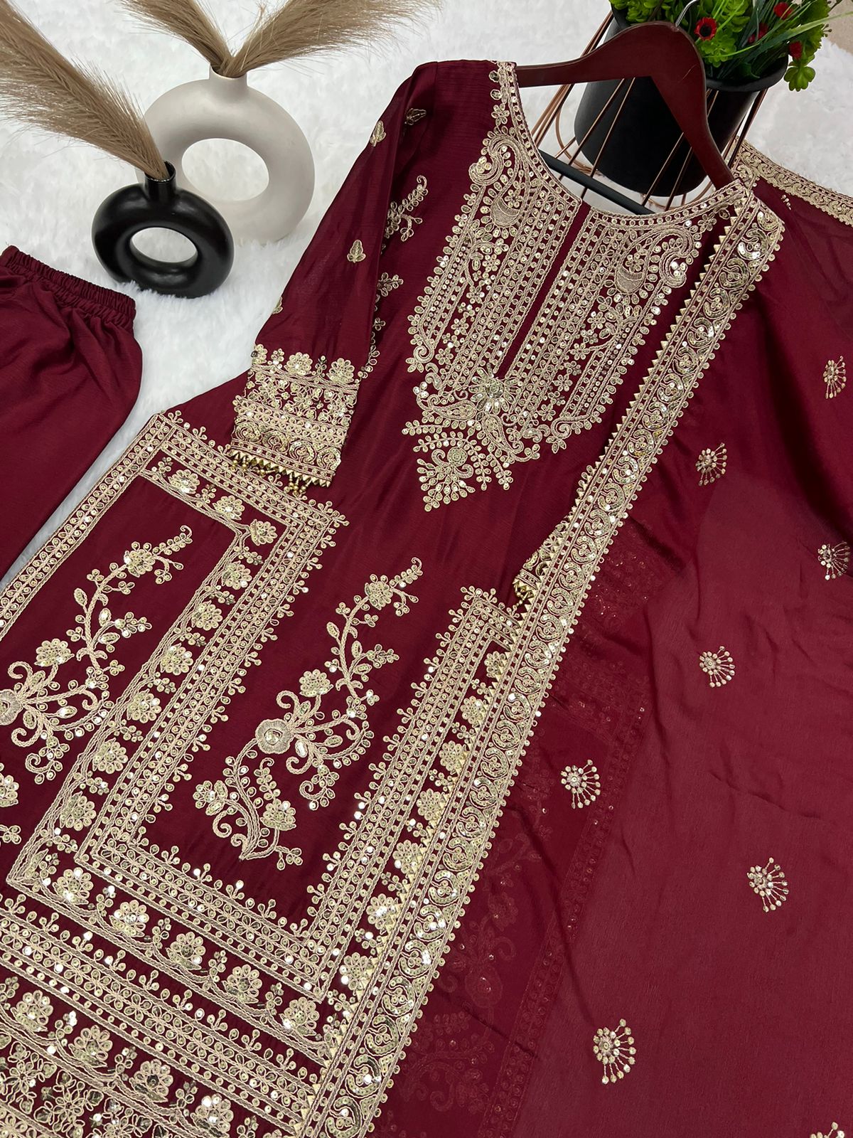 Embroidery Coding Dori-Sequence Work Top-Bottom And Dupatta Set Fully Stitched