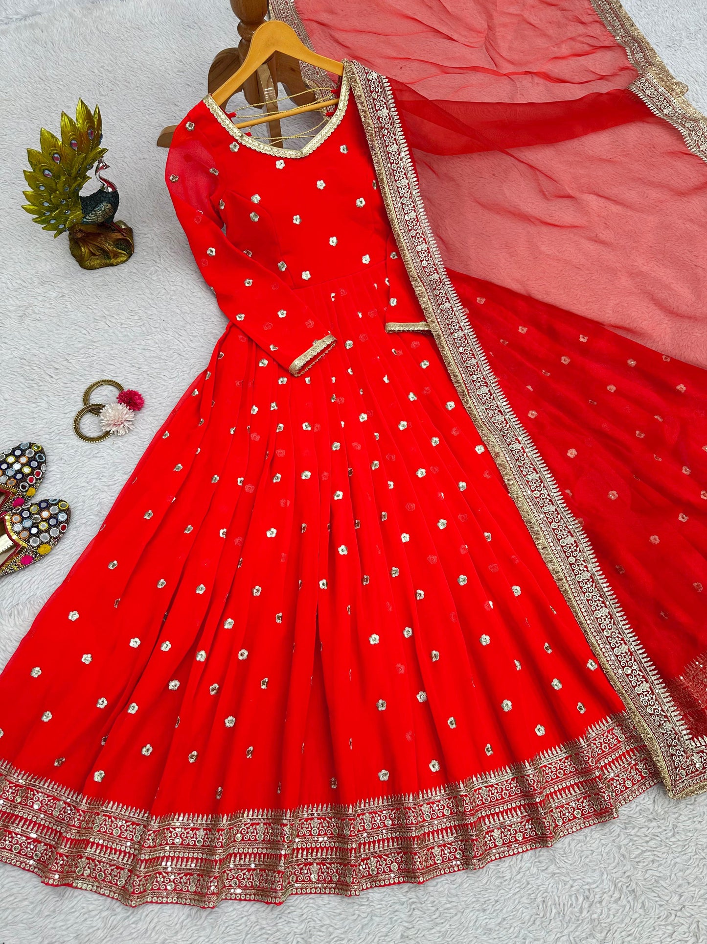 Red Anarkali Salwar Kameez Punjabi Suit salwar Lace Work simple Indian outfit .