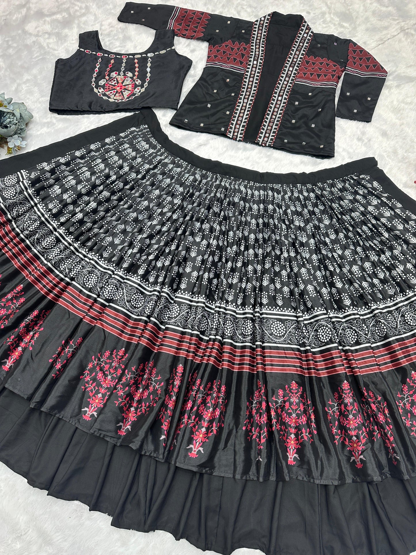 NAVRATRI COLLECTION 3 PIECE FULL STITCHED KOTI WITH CHOLI AND BEAUTIFUL DOUBLE FLAIR LAHENGA