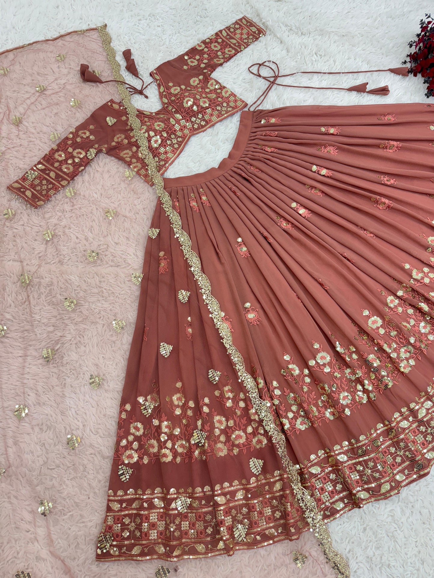 New Fox Georgette With Heavy 5mm Siqwans Embroidery Work Lehenga