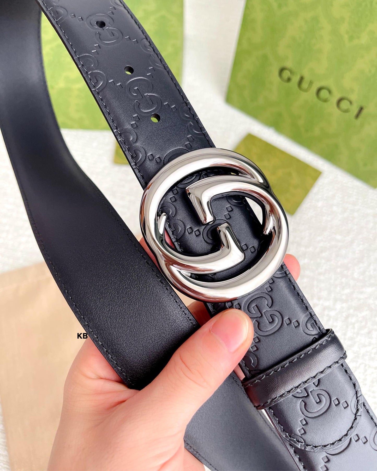 ucci GG Embossed Italian Leather Belt with Silver Inverse Buckle