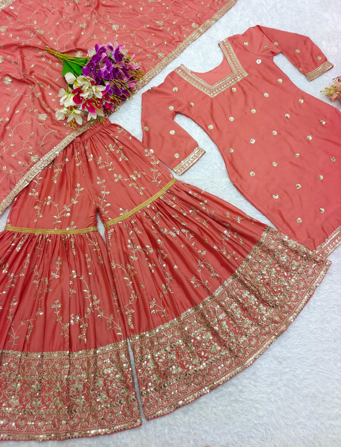 Hot Pink Zari Sequin Embroidered Sharara Set With Embellished Kurta And Dupatta