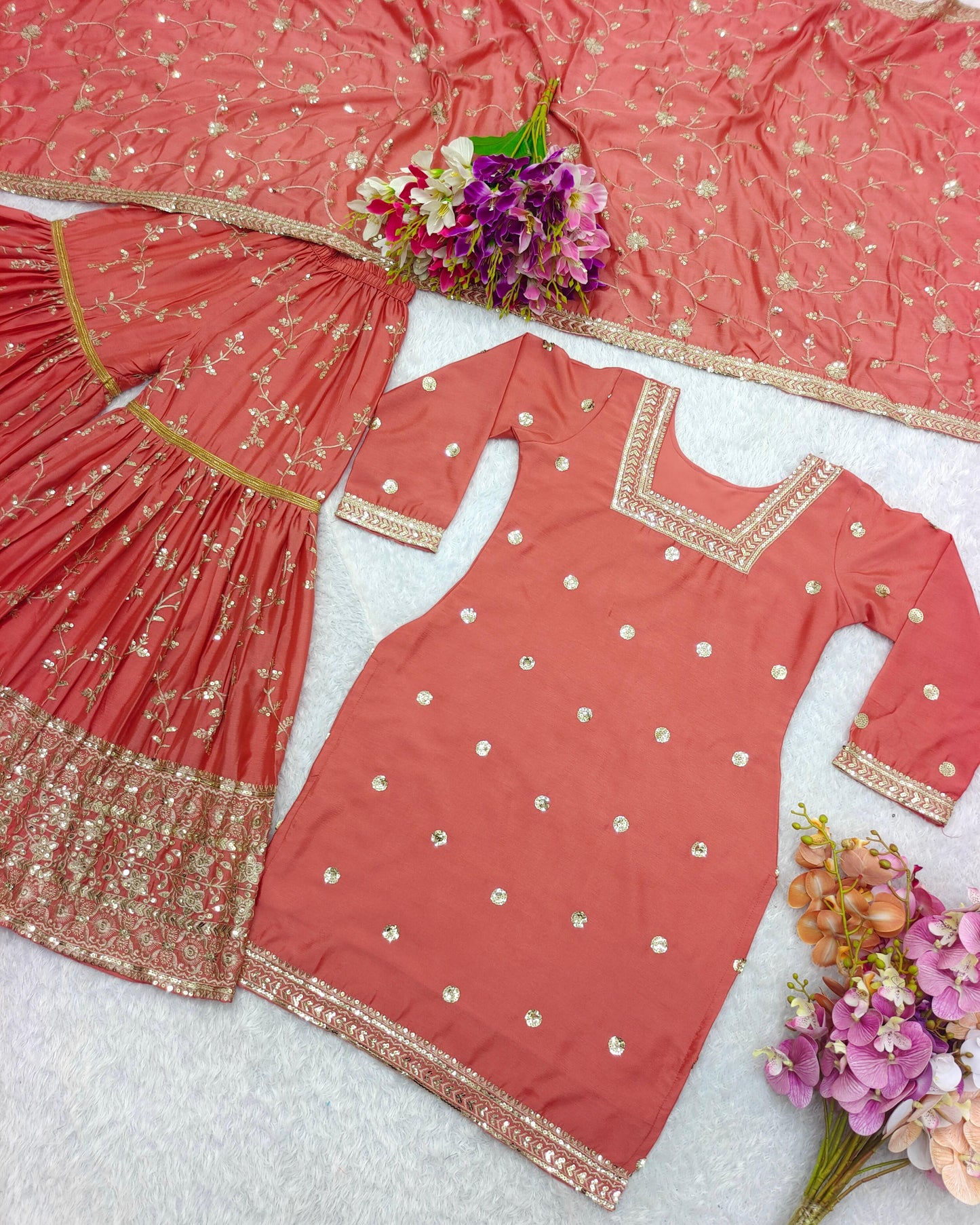 Hot Pink Zari Sequin Embroidered Sharara Set With Embellished Kurta And Dupatta