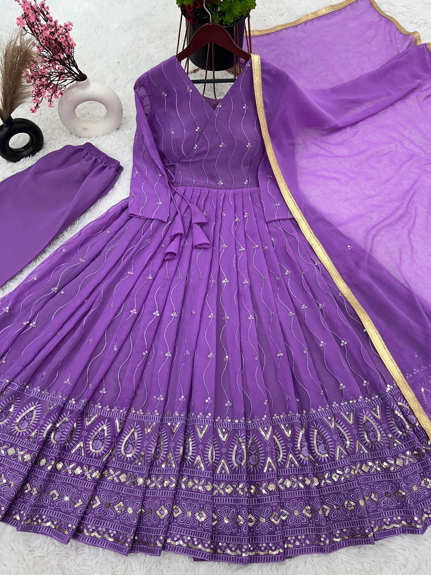 Superb Violet Color Georgette Embroidery Sequence Gown