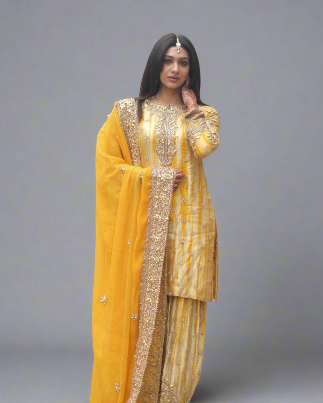 Notched Neck Floral Embroidered Gotta Patti Cotton Kurta with Sharara & Dupatta