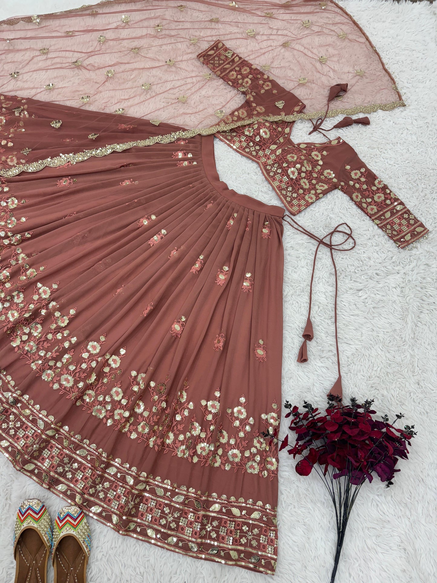 New Fox Georgette With Heavy 5mm Siqwans Embroidery Work Lehenga