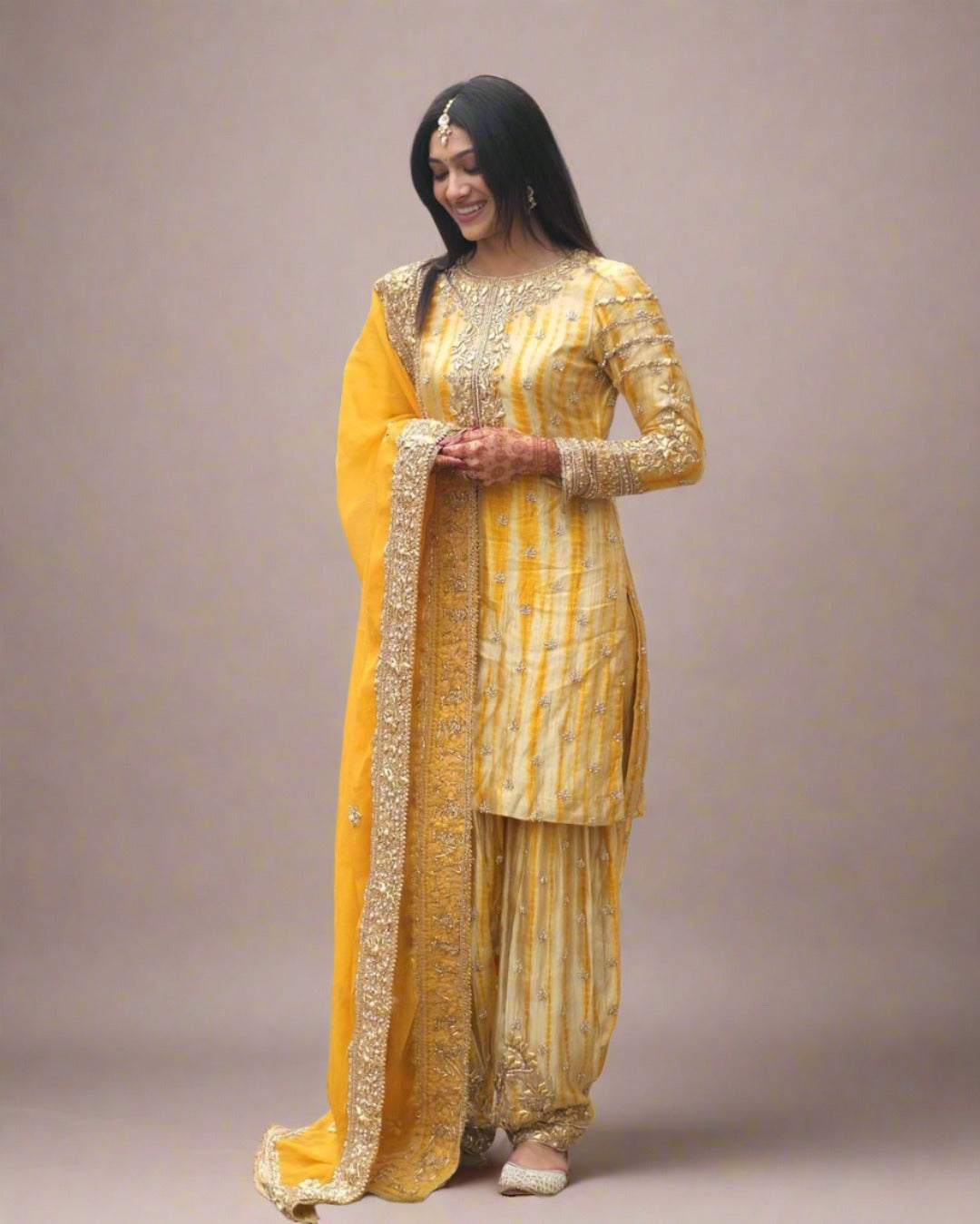 Notched Neck Floral Embroidered Gotta Patti Cotton Kurta with Sharara & Dupatta