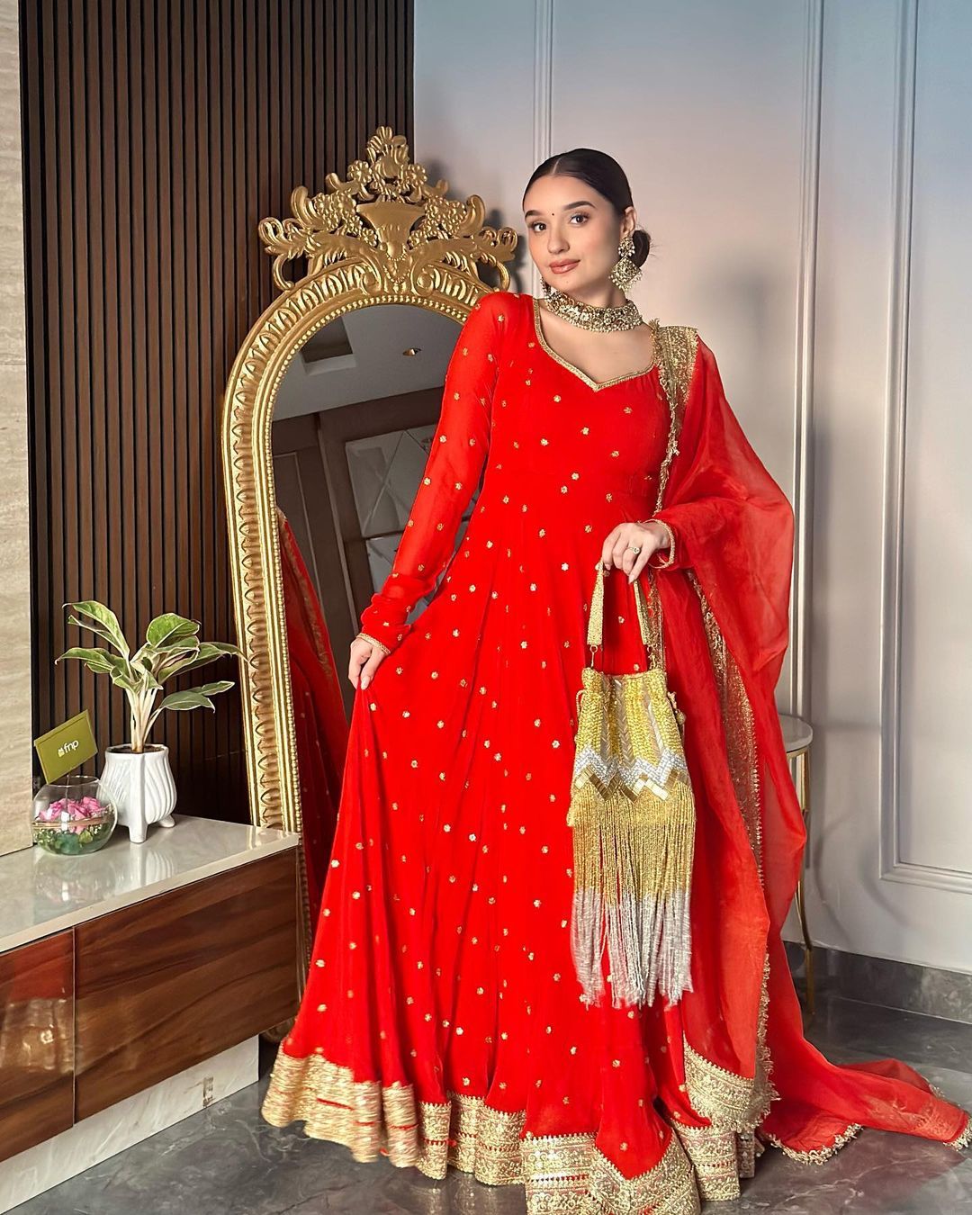 Red Anarkali Salwar Kameez Punjabi Suit salwar Lace Work simple Indian outfit .