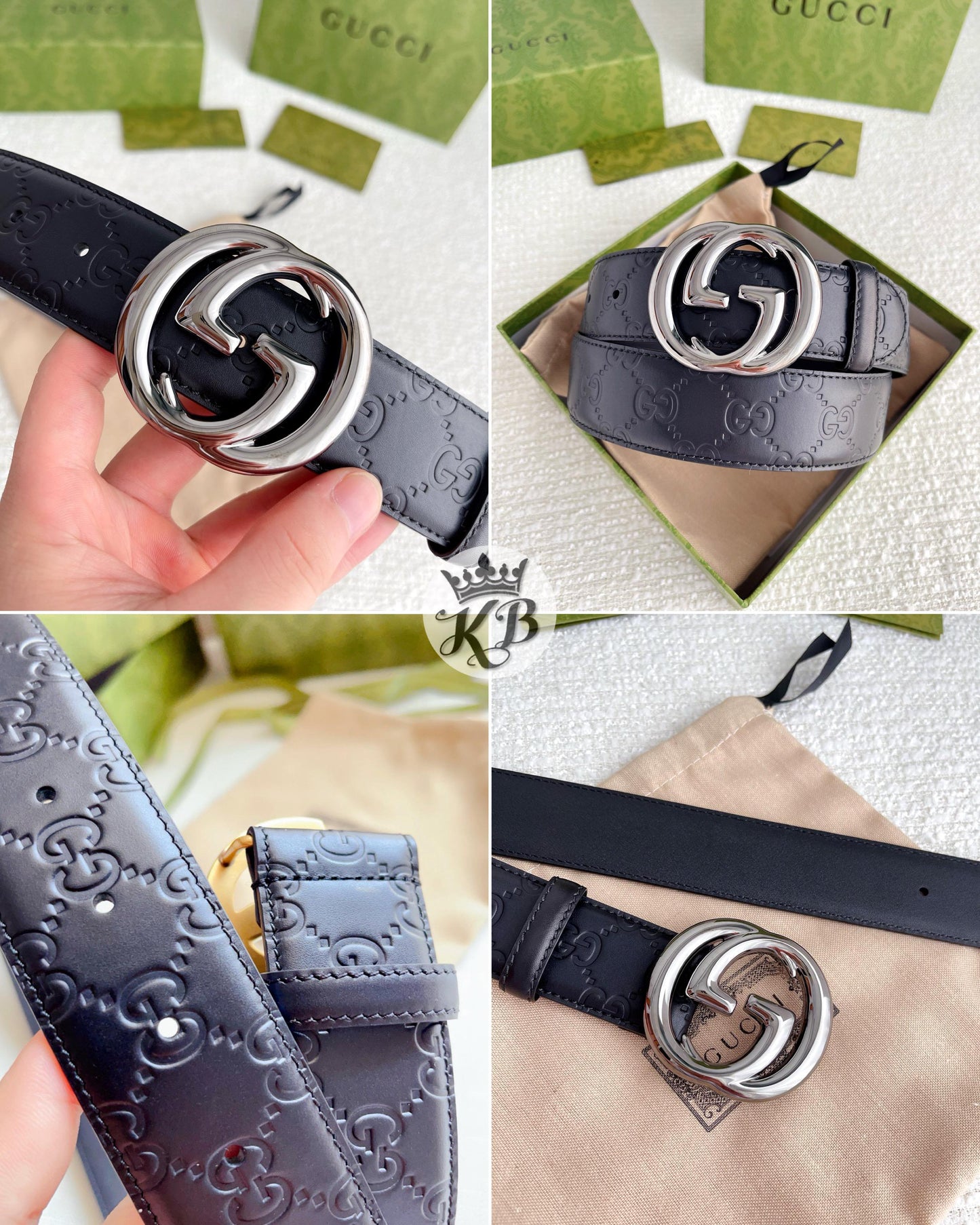 ucci GG Embossed Italian Leather Belt with Silver Inverse Buckle