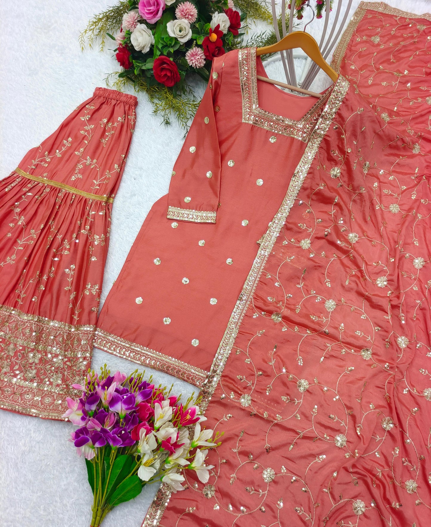 Hot Pink Zari Sequin Embroidered Sharara Set With Embellished Kurta And Dupatta