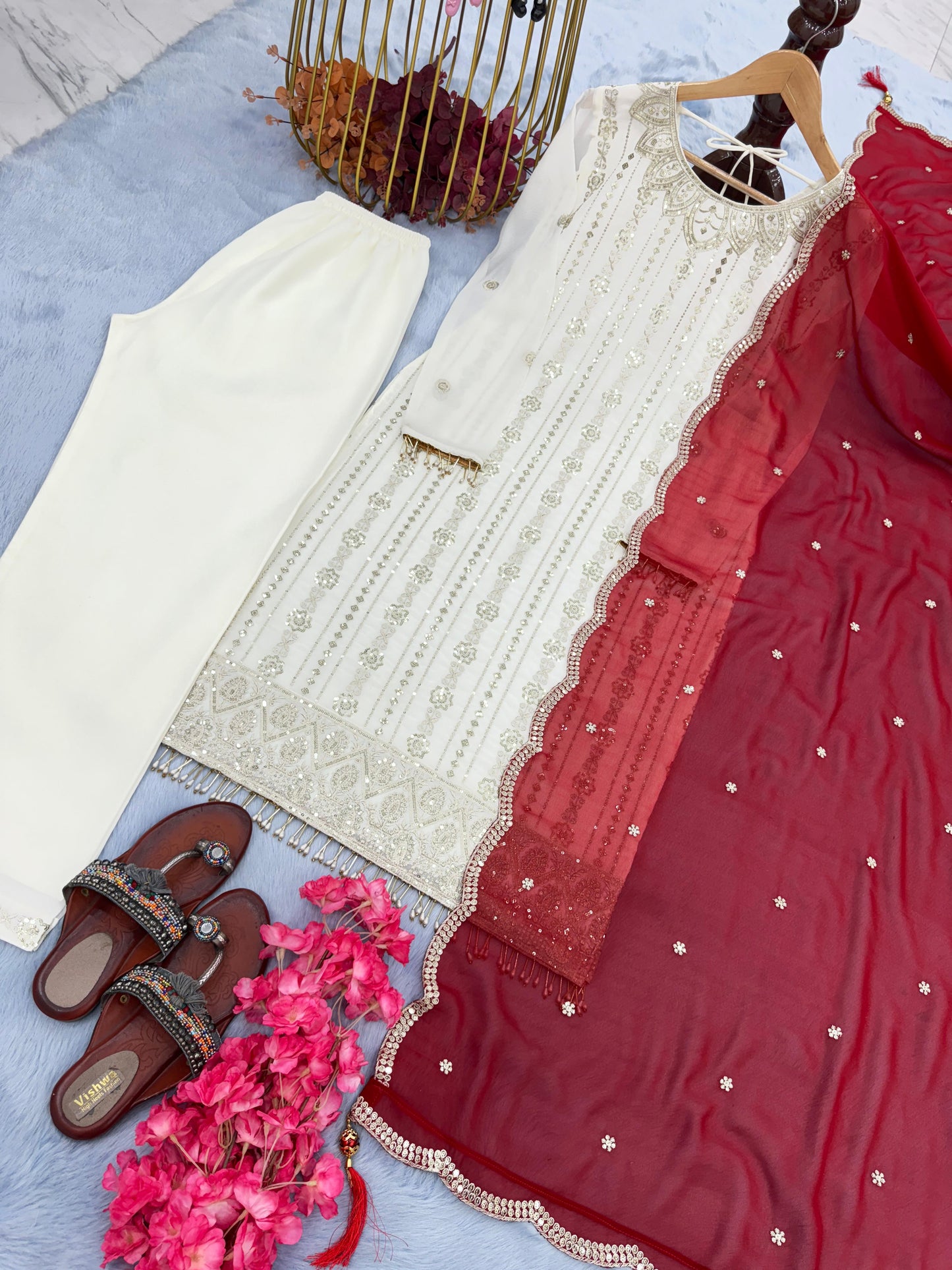 Classic White Color Georgette Embroidery Work Sharara Suit