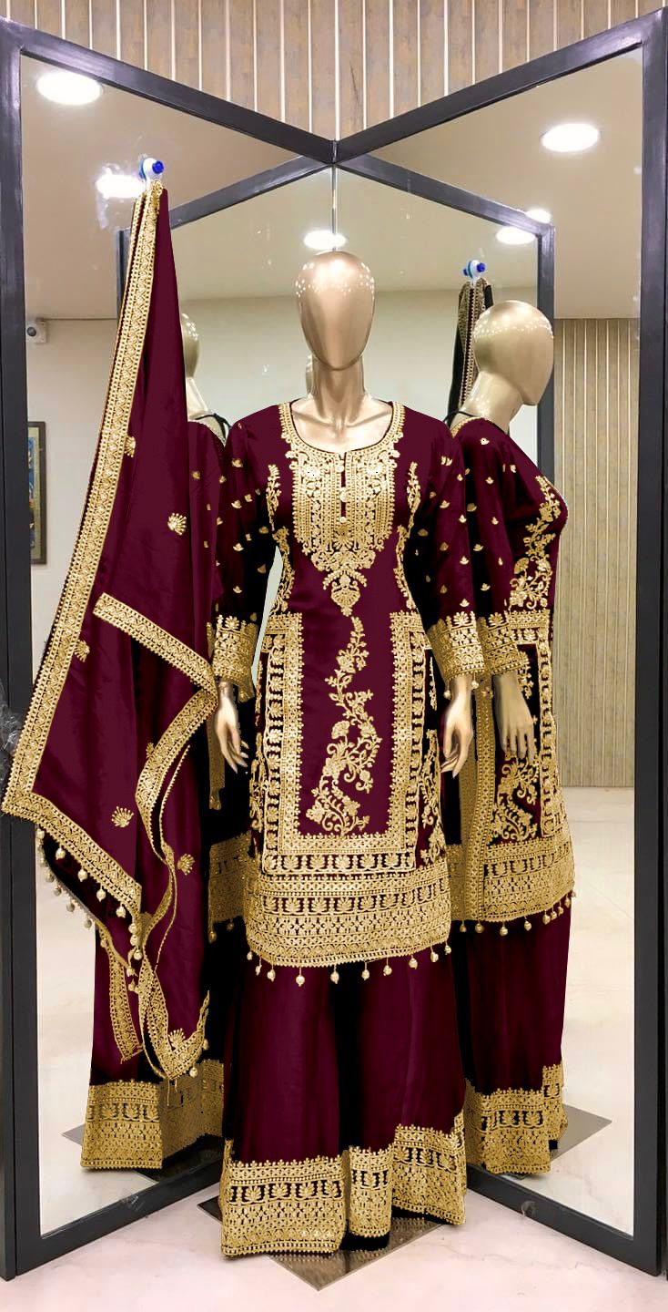 Embroidery Coding Dori-Sequence Work Top-Bottom And Dupatta Set Fully Stitched