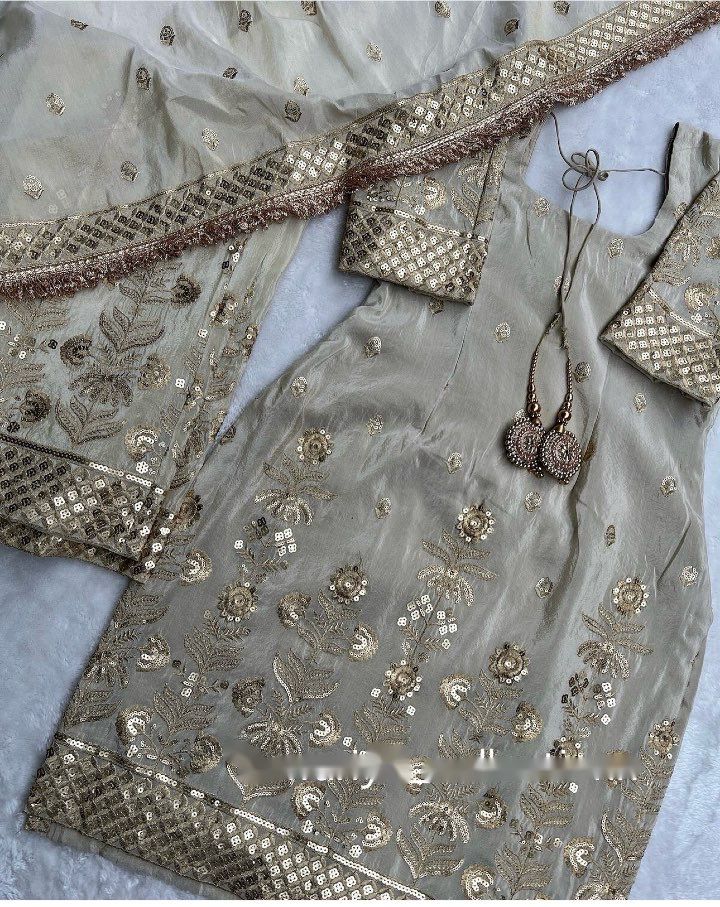 Heavy Chinon Silk Top-Palazzo and Dupatta Set Fully Stitched Ready To Wear