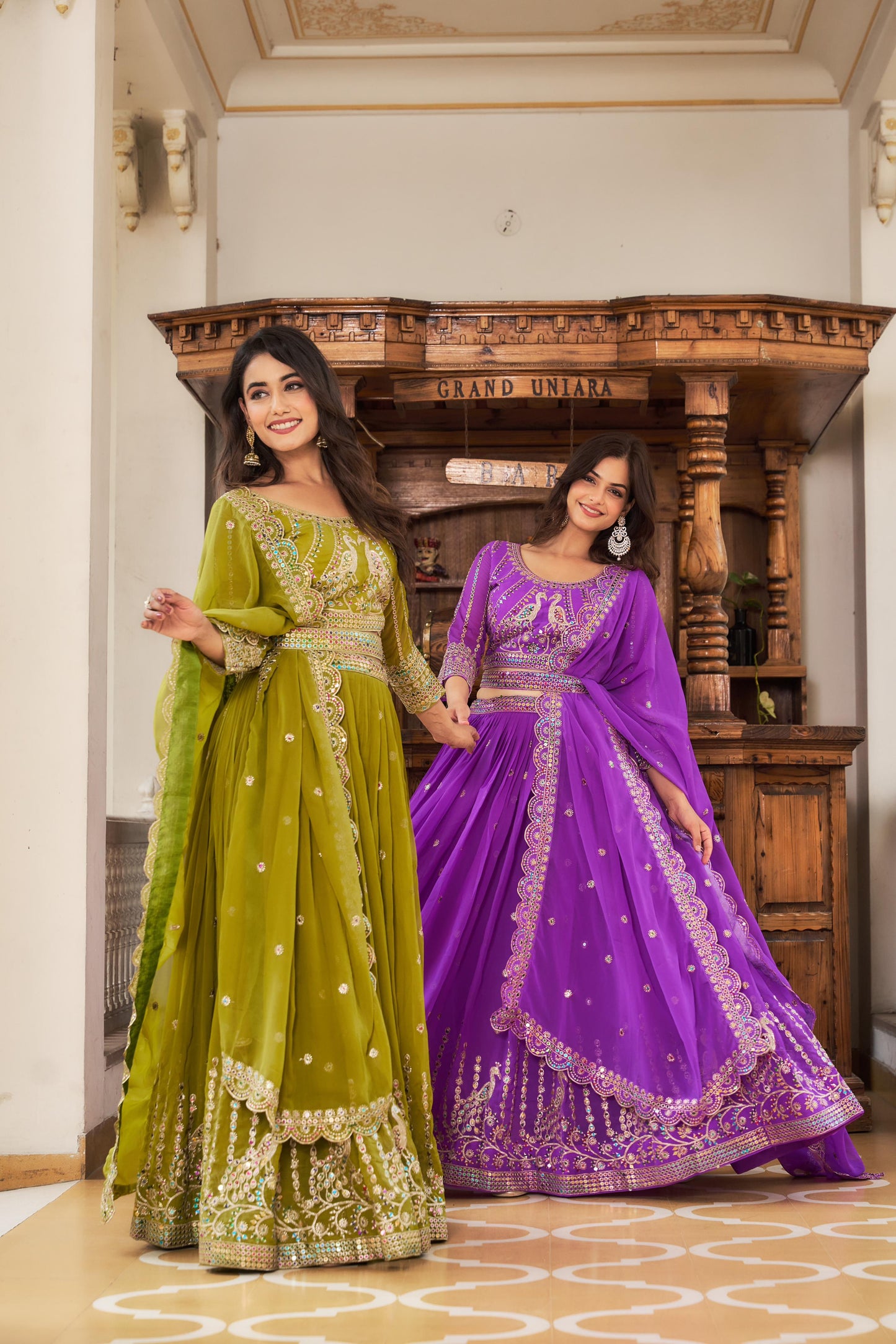 Purple and Green Embroidered Brocade Anarkali