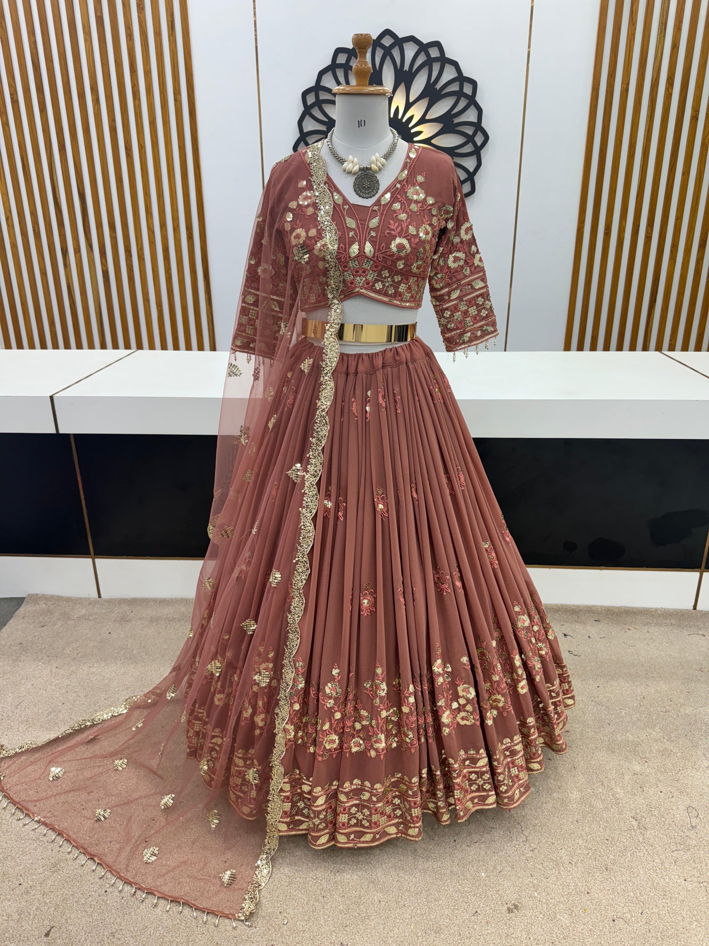 New Fox Georgette With Heavy 5mm Siqwans Embroidery Work Lehenga