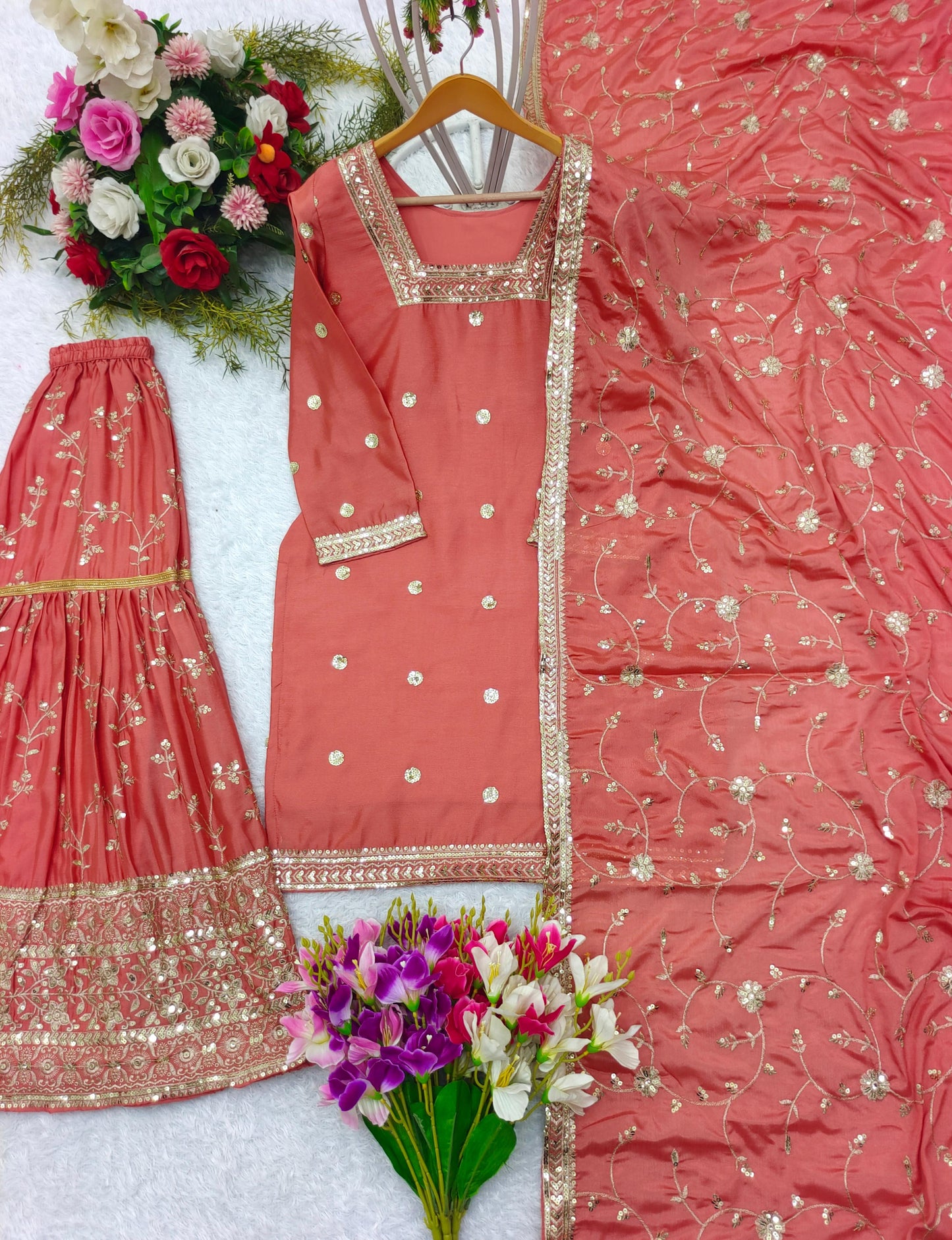 Hot Pink Zari Sequin Embroidered Sharara Set With Embellished Kurta And Dupatta