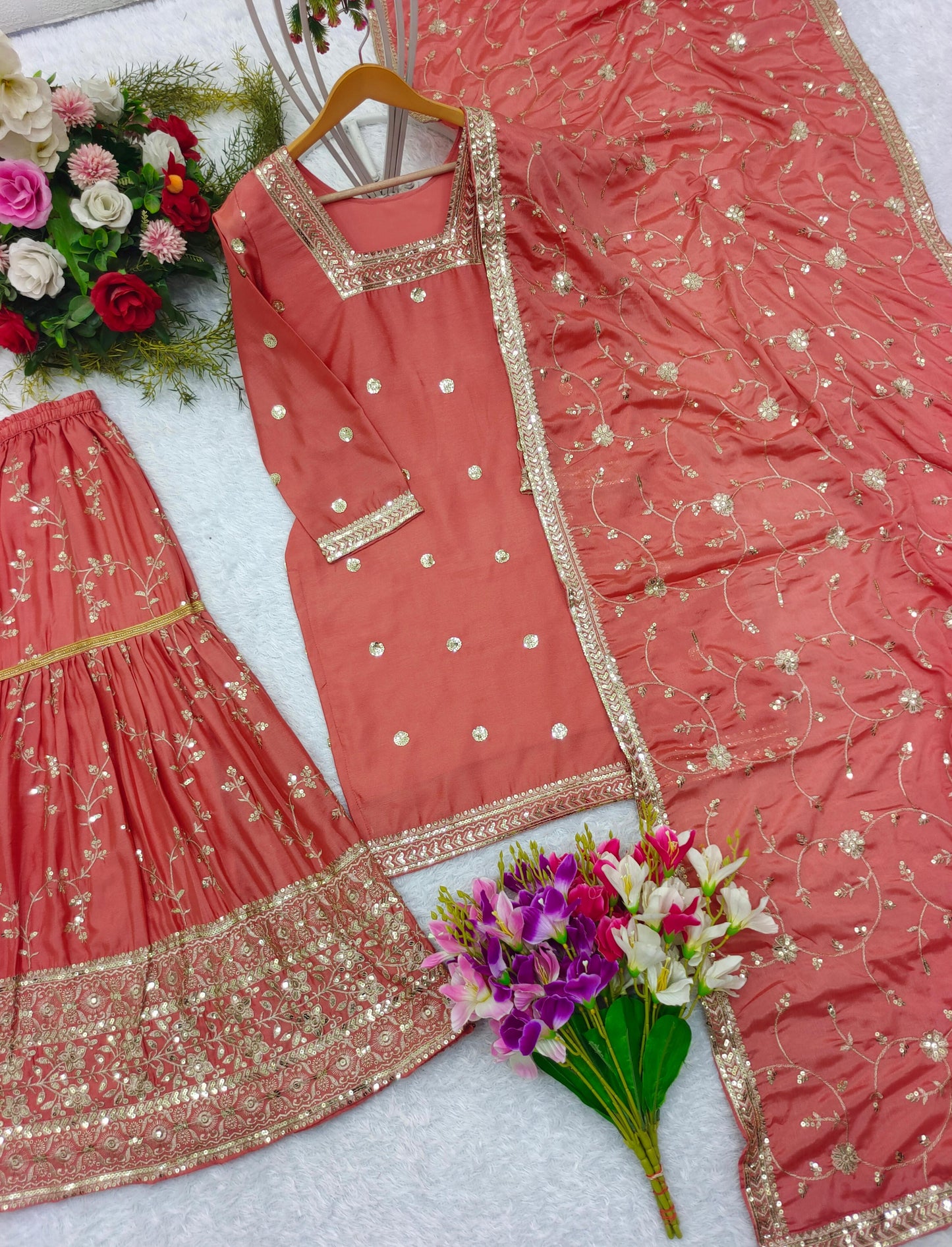 Hot Pink Zari Sequin Embroidered Sharara Set With Embellished Kurta And Dupatta