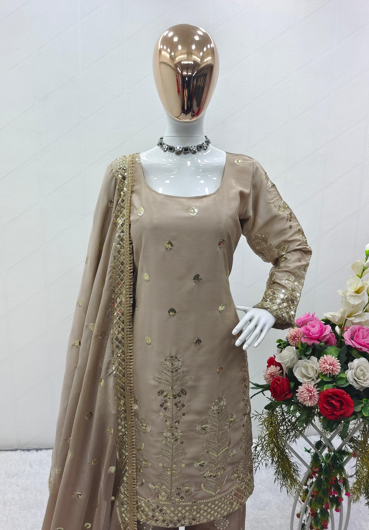 Heavy Chinon Silk Top-Palazzo and Dupatta Set Fully Stitched Ready To Wear