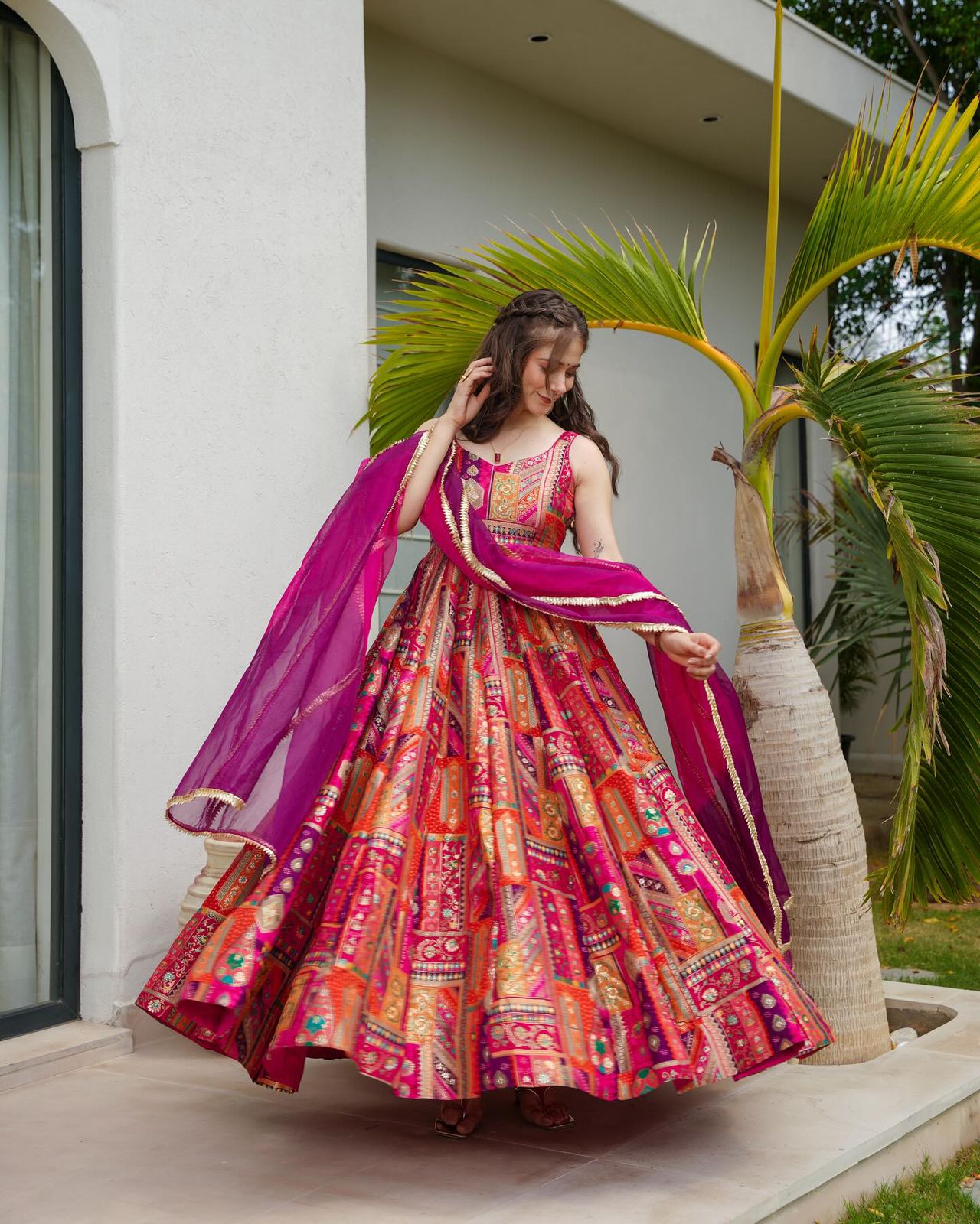 Anarkali Gown  pure Jimmy organza silk digital printed padded gown