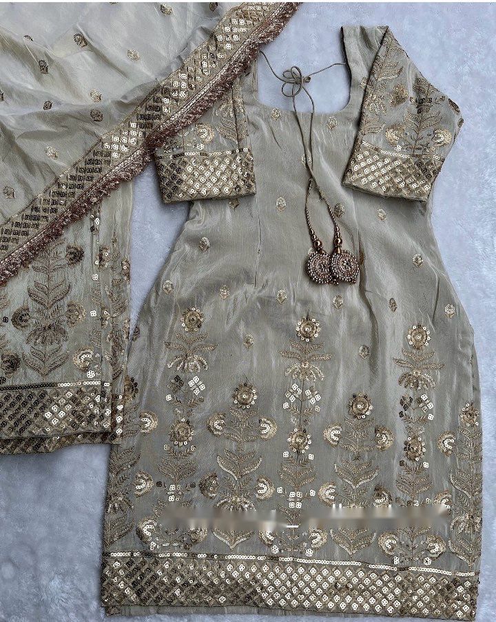 Heavy Chinon Silk Top-Palazzo and Dupatta Set Fully Stitched Ready To Wear