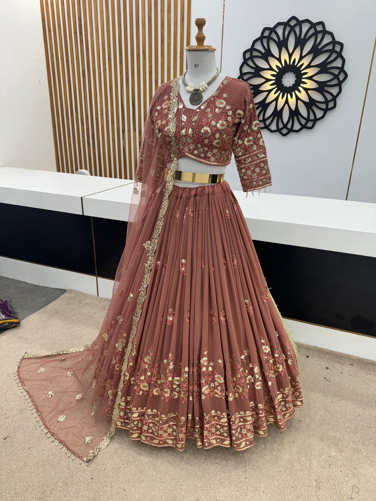 New Fox Georgette With Heavy 5mm Siqwans Embroidery Work Lehenga