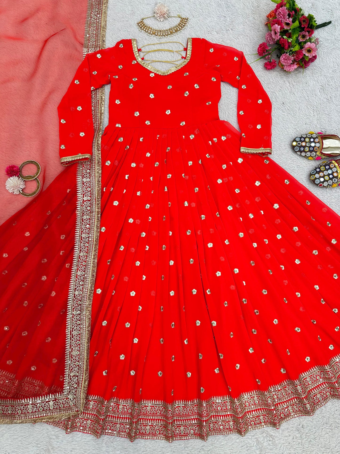 Red Anarkali Salwar Kameez Punjabi Suit salwar Lace Work simple Indian outfit .