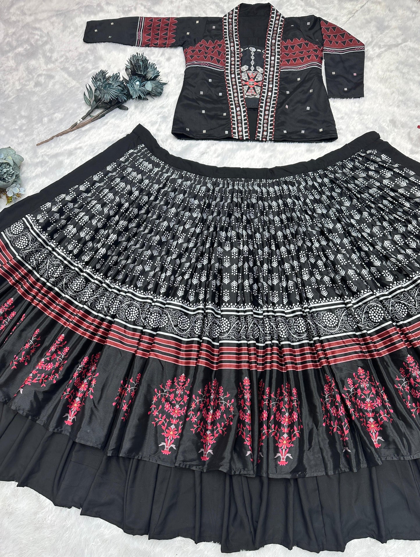 NAVRATRI COLLECTION 3 PIECE FULL STITCHED KOTI WITH CHOLI AND BEAUTIFUL DOUBLE FLAIR LAHENGA